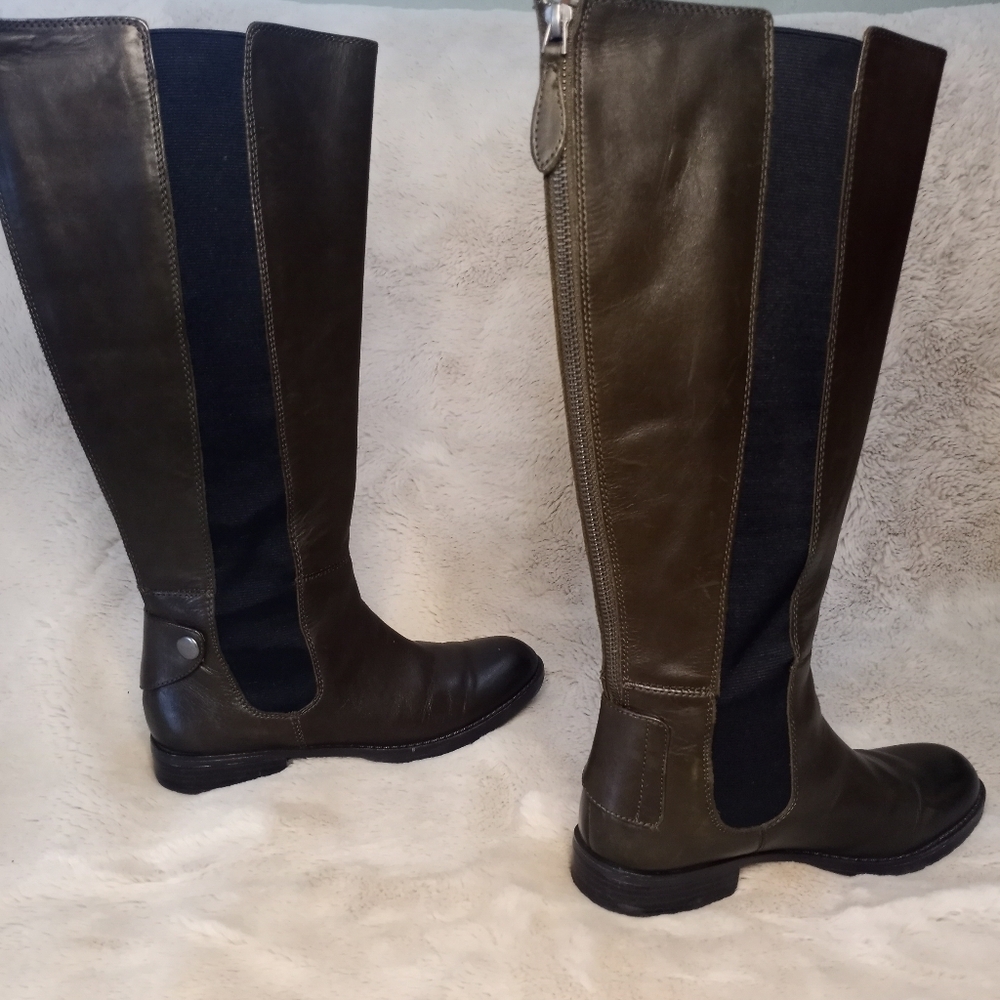 Franco Sarto Leather Tahini Moss Olive Green Boho Stretch Panel Wide Calf Boot 7 - Picture 4 of 16